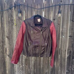 Halogen Black and Red Colorblock Leather Full Zip Moto Jacket with pockets large